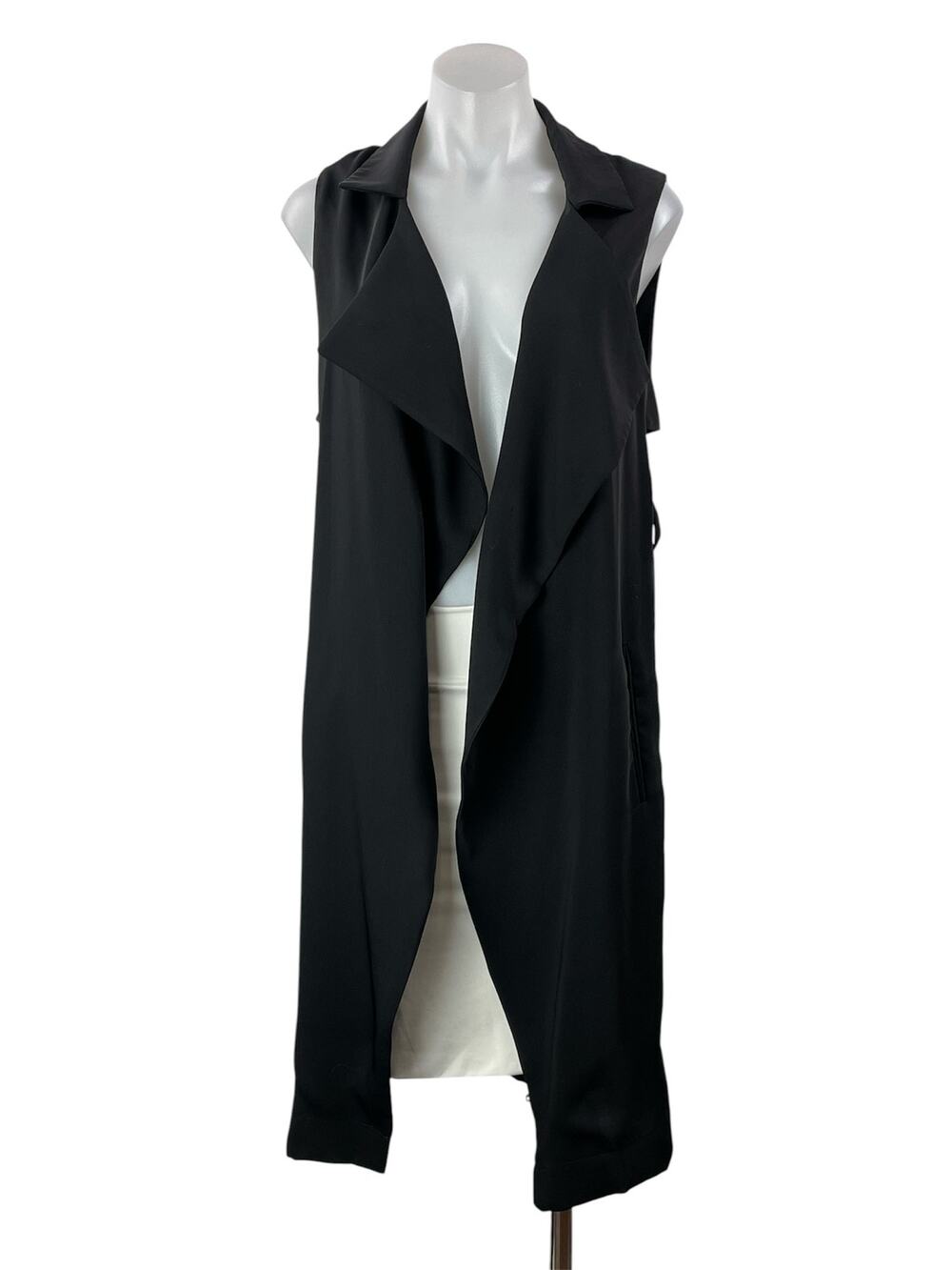 Topshop Women's Black Long Sleeves Notch Open Front Knee Length Vest Top Size 4